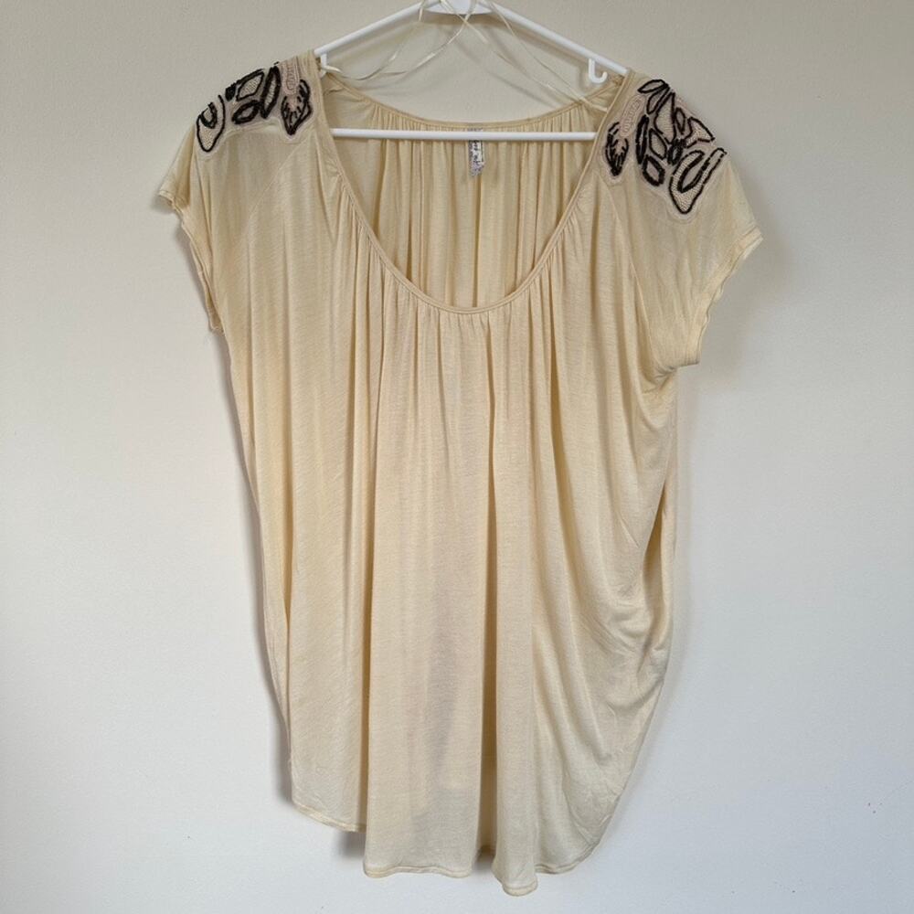 Free People Beaded Embellished Shoulder Oversized Top Scoop Neck SMALL